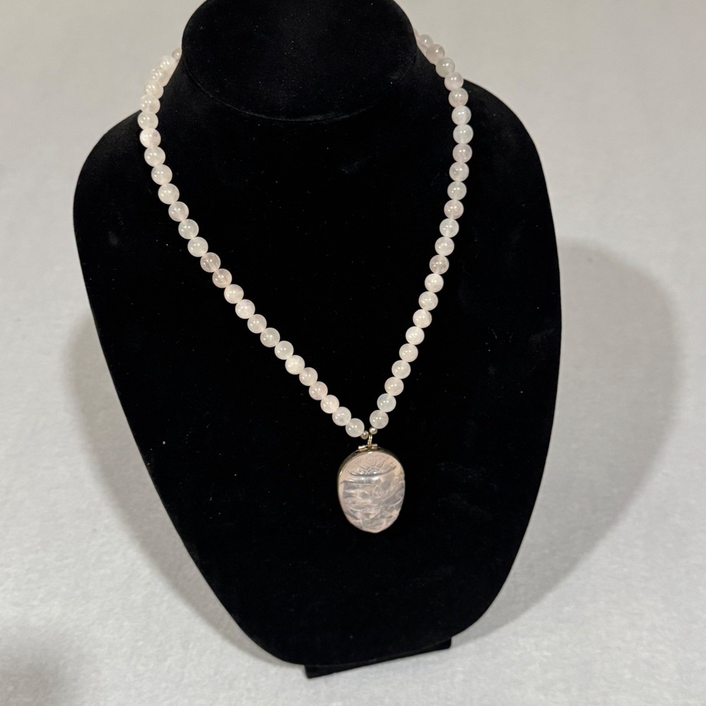 Chinese Export Necklace Vintage Pink Rose Quartz Sterling Silver Carved Pendant